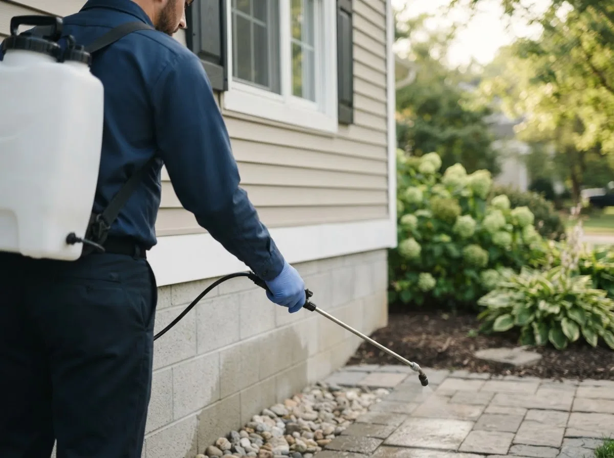 Pest control technician inspecting a home in Lake City, MI